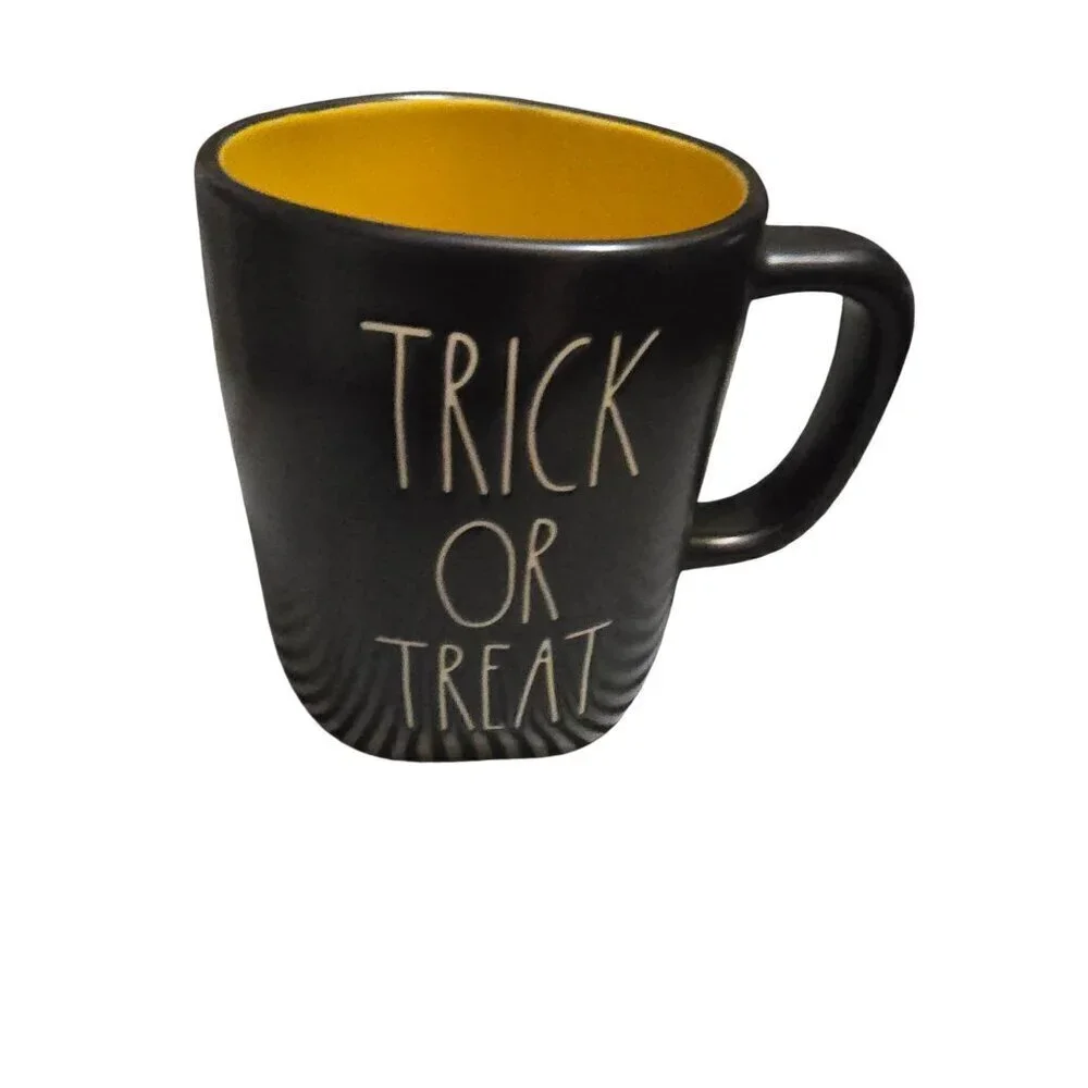 NWT Rae Dunn Artisan Halloween Trick or Treat Mug Yellow Interior Farmhouse